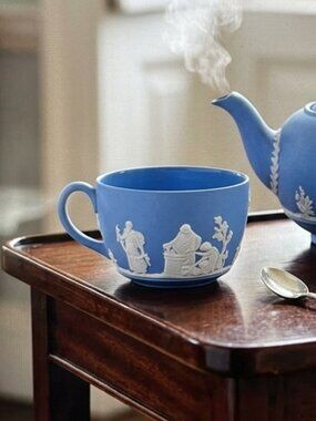 Wedgwood Blue Jasperware Teacup with White Motif